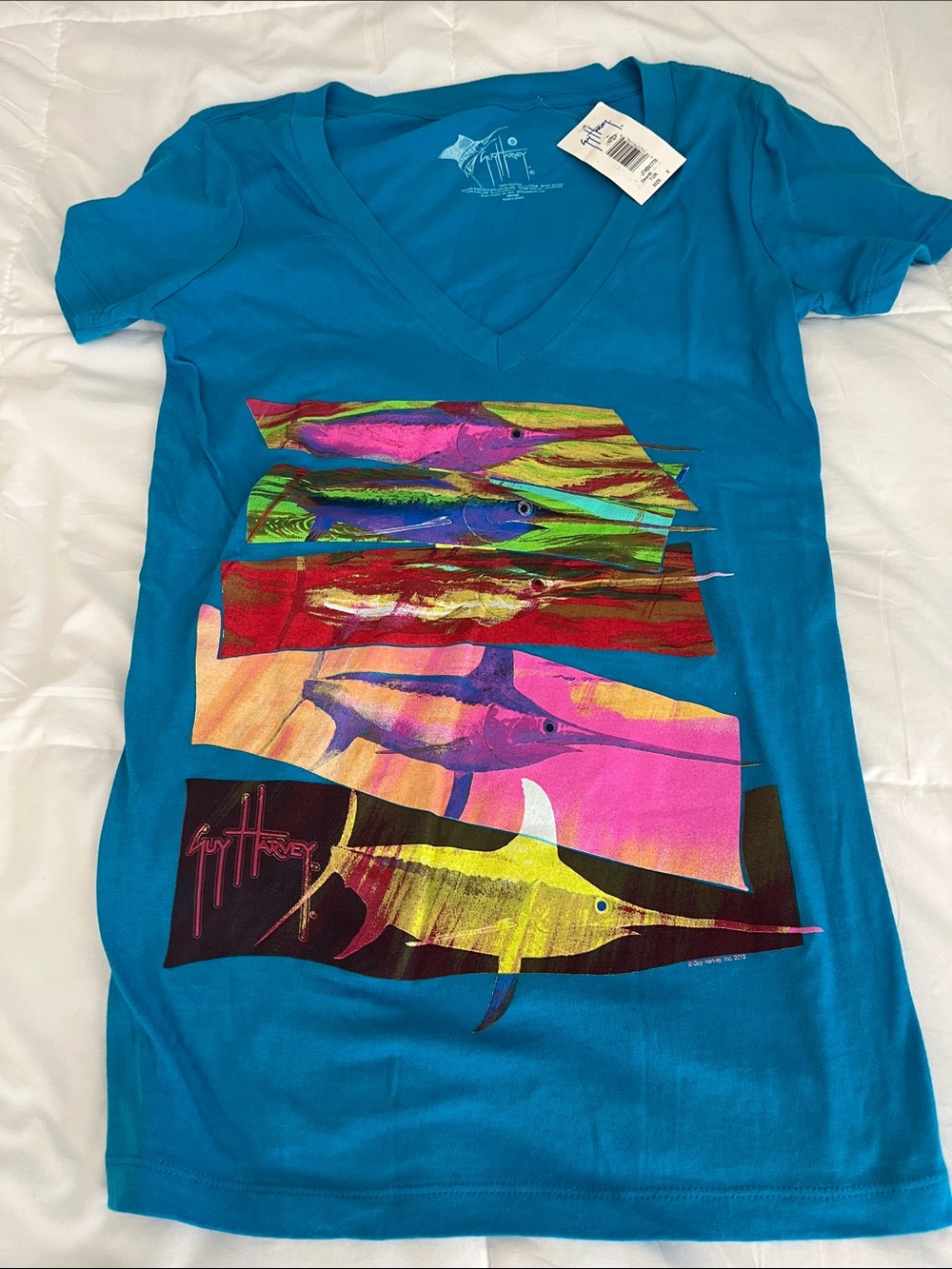 Unisex Guy Harvey Teal V-Neck Tee with Multicolor Marlin Panels fish NWT